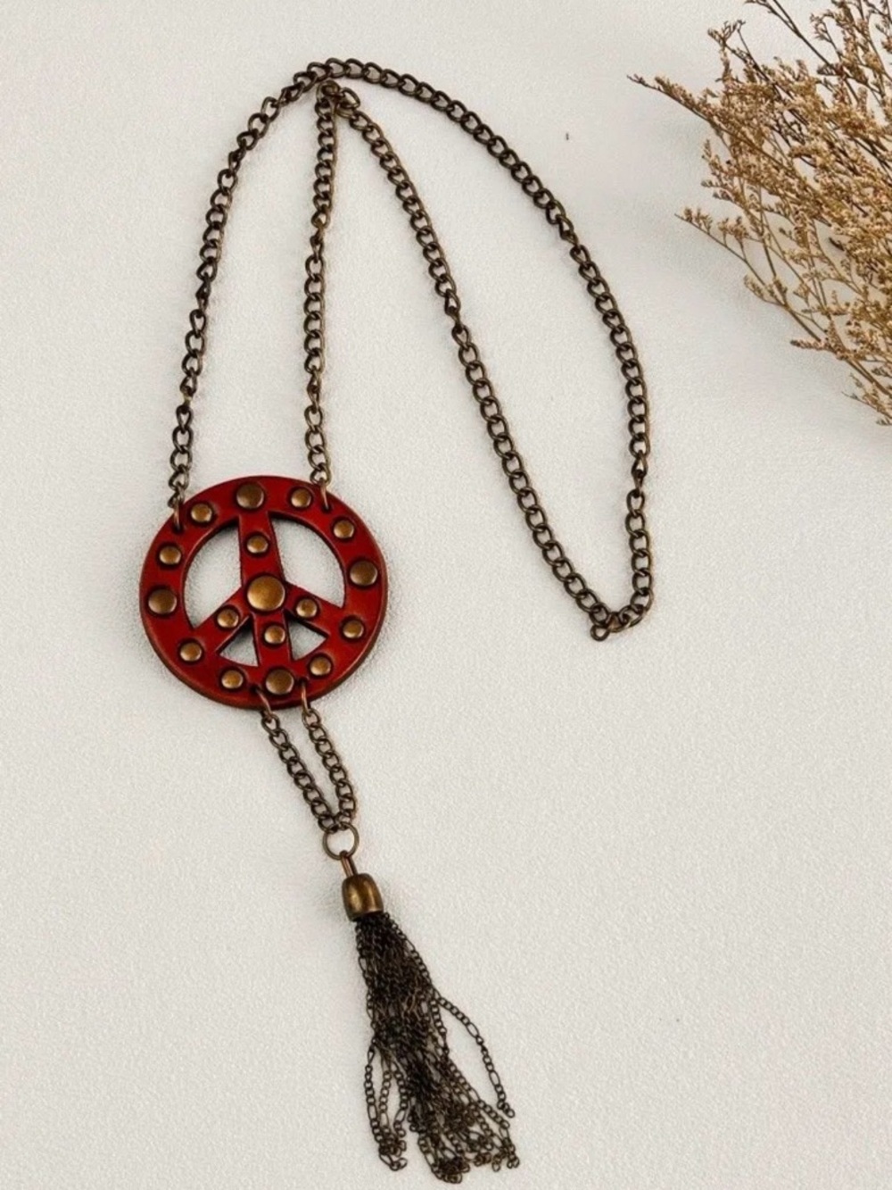 Leather Studded Peace Pendant Tassel Necklace - Women Jewelry